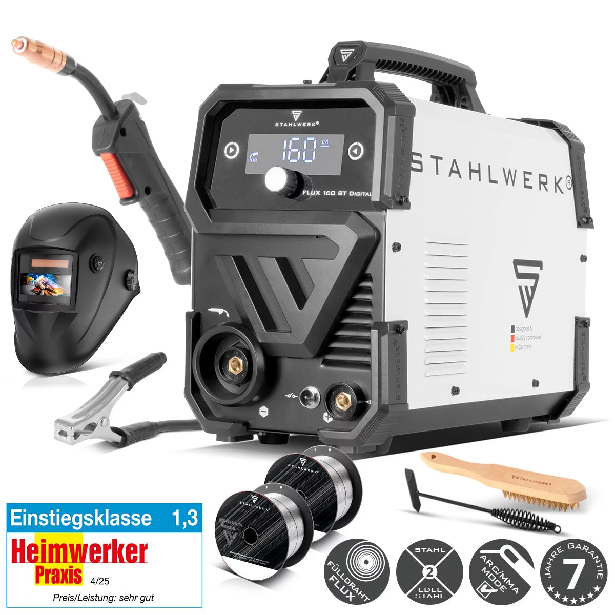 Saldatrice STAHLWERK FLUX 160 ST Digital con attrezzatura completa da 160 A, avanzamento filo sinergico, funzione Lift TIG e MMA per saldatura senza gas protettivo