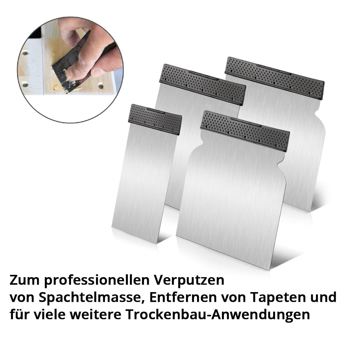 Jeu de spatules STAHLWERK Jeu de 4 spatules 50, 80, 100, 120 mm, spatule de surface universelle / spatule japonaise / spatule de peintre avec lame élastique et incassable en acier à ressort