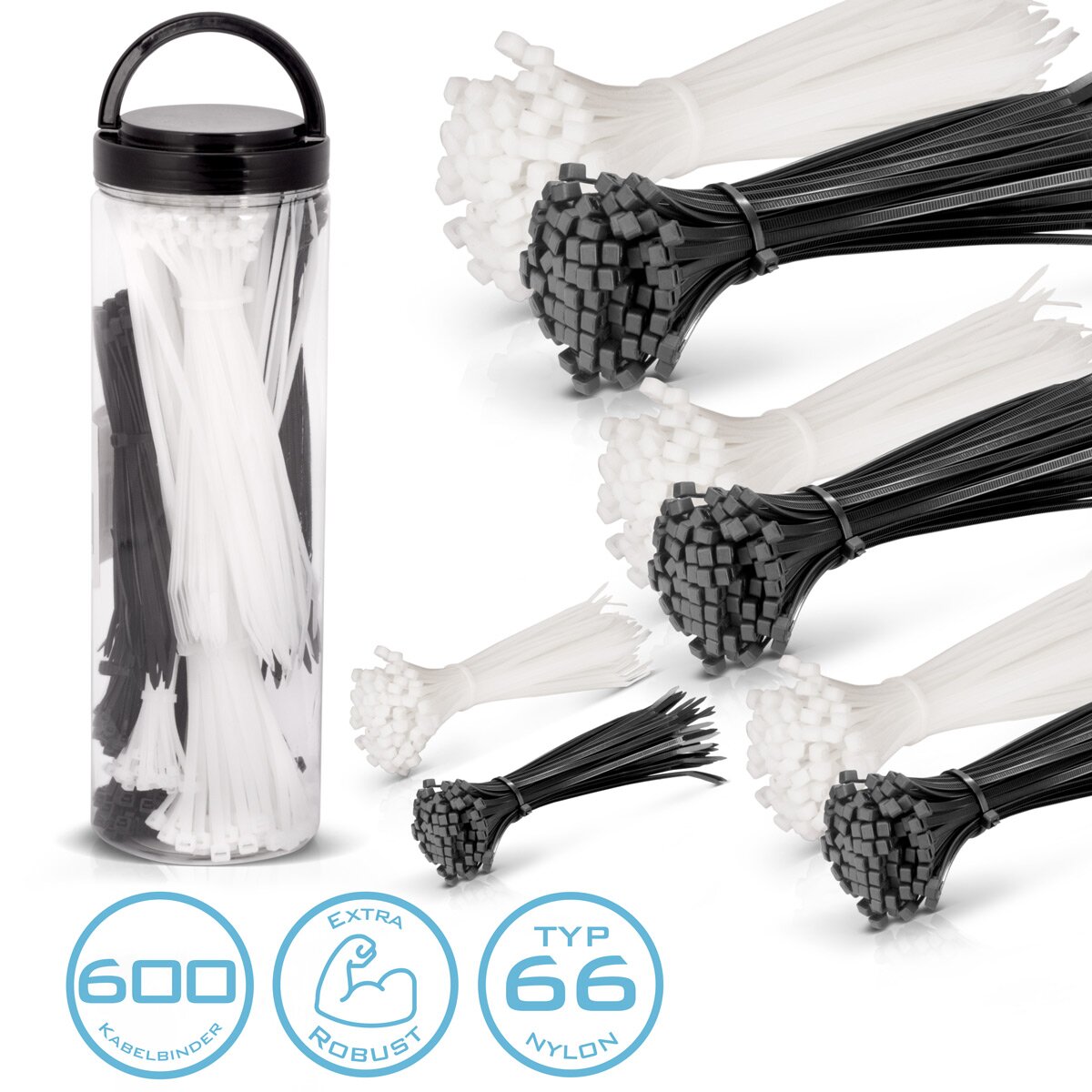 STAHLWERK cable ties set of 600 2.5 x 150 mm | 3.6x150mm | 3.6x200mm | 4.8 x 300 mm in black and white, industrial quality cable straps, UV-resistant, extremely tensile, stable and durable