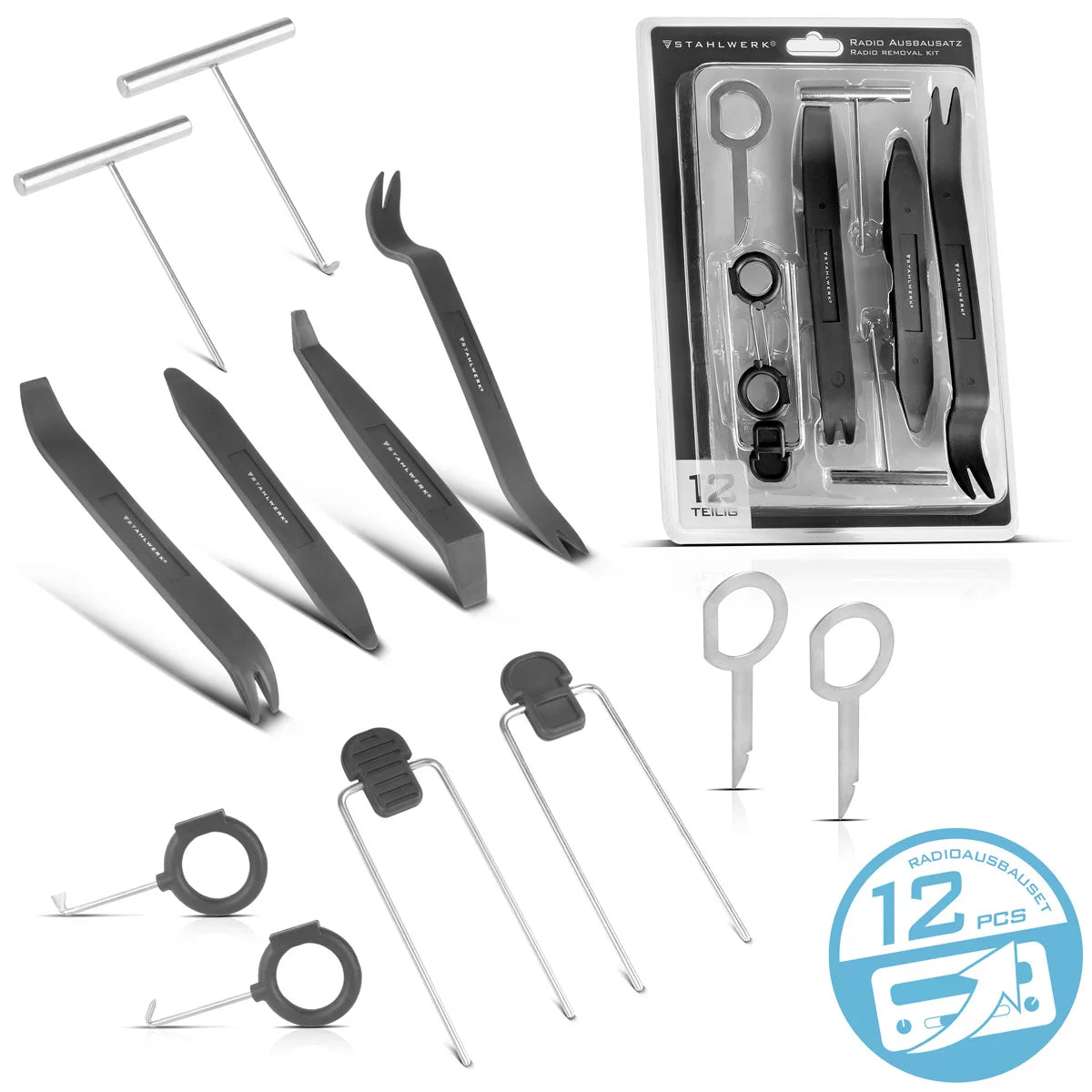 STAHLWERK car radio expansion set 12 pieces | Disassembly tool set for removing car radios, navigation devices and interior trim | Removal tool | Car radio expansion kit | Unlocking tool