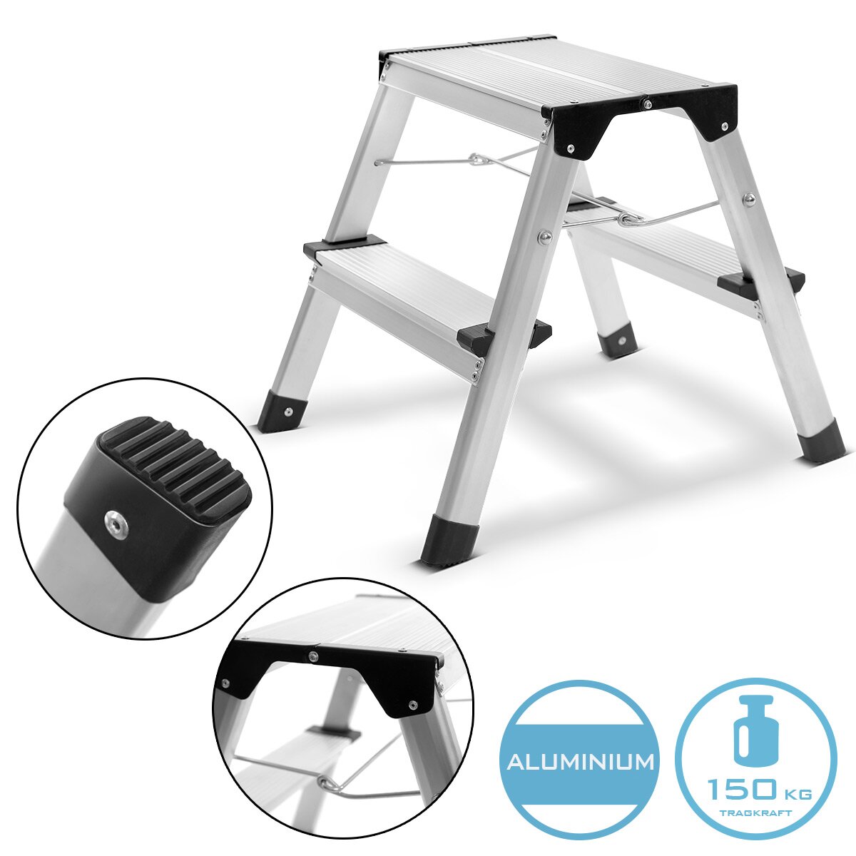 Escalera de tijera STAHLWERK TL-22 ST con capacidad de carga de 150 kg y escalera de aluminio de 2 peldaños | Escalera plegable | Peldaño plegable | Escalera multiusos | Administrador del hogar | Escalera de tijera con peldaños antideslizantes.