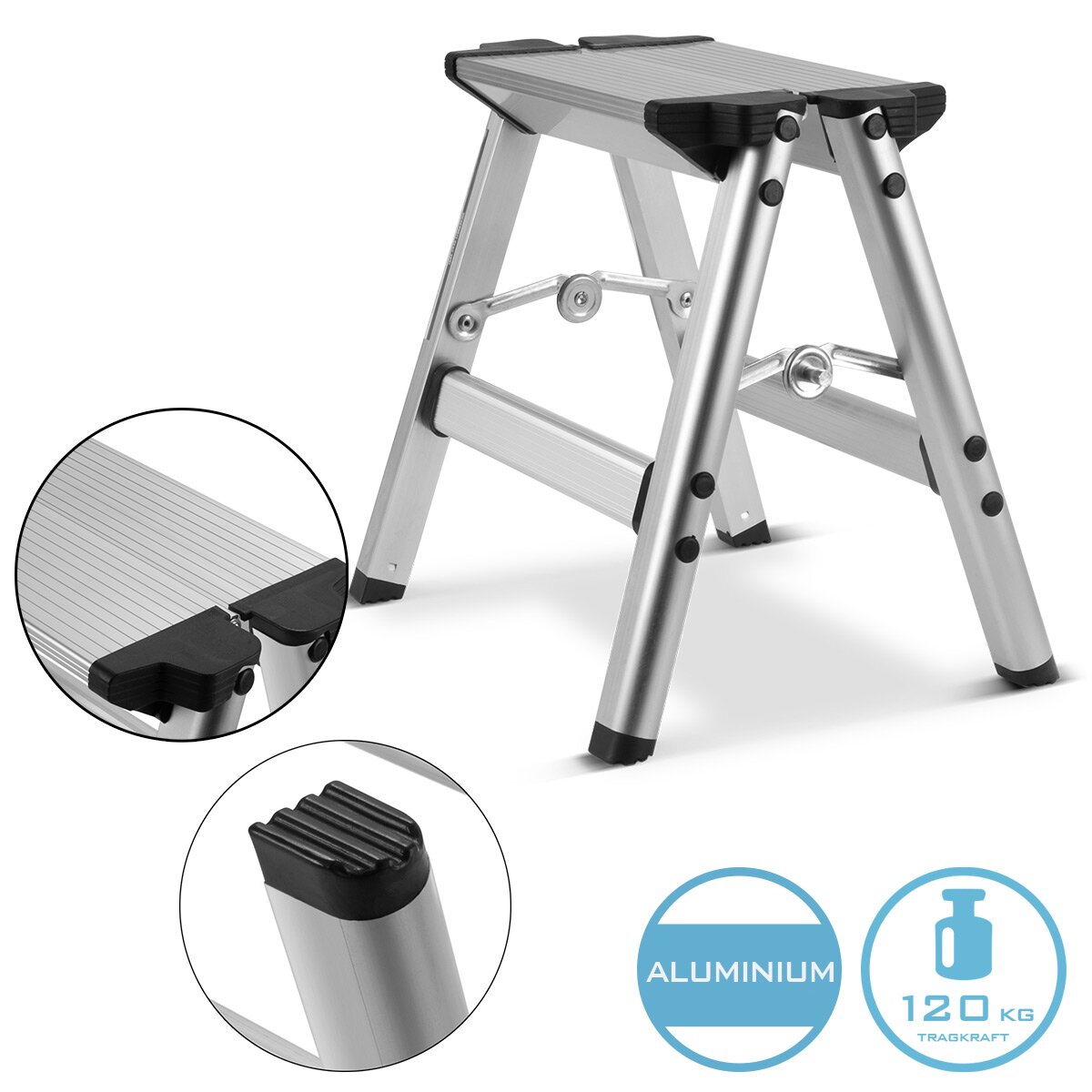 Peldaño plegable STAHLWERK KT-1 ST con escalera de aluminio con capacidad de carga de 120 kg | Escalera plegable | escalera de mano | taburete | Taburete con peldaño antideslizante