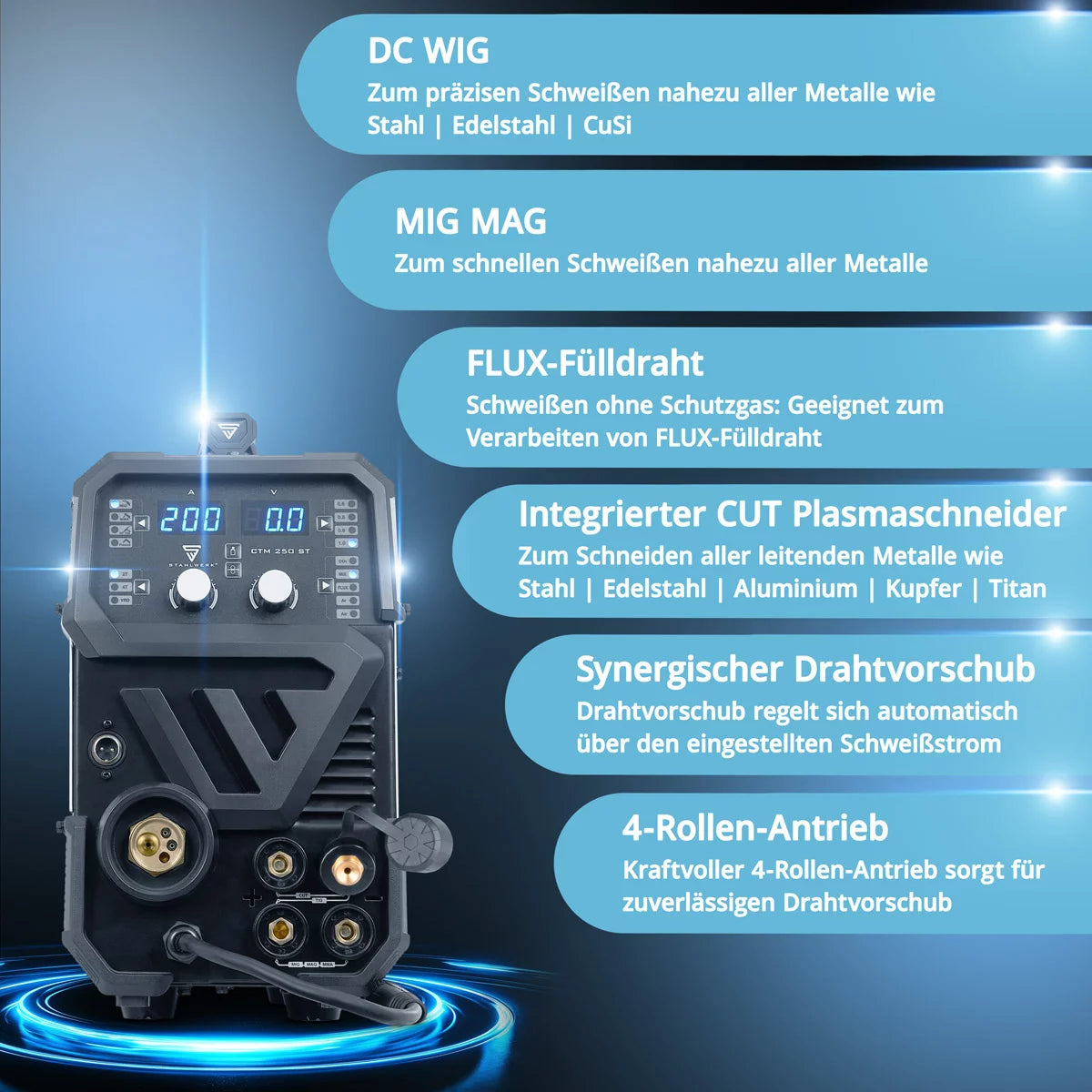 Saldatrice combinata STAHLWERK CTM-250 ST TIG + MIG/MAG + MMA/ARC + CUT/Plasma con funzione plasma da 200 A e 45 A