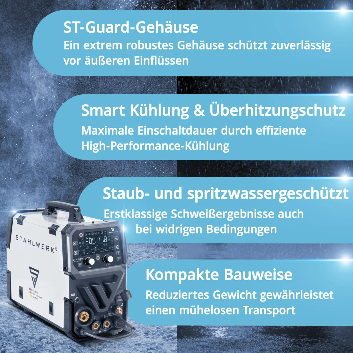 STAHLWERK Kombi-Schweißgerät CTM-250 Puls Pro 6-in-1 Schutzgas-Schweißgerät 200 A | Puls-Funktion | Synergischer Drahtvorschub | Integrierter 45 A Plasmaschneider CUT| WIG | MIG MAG | PULS | MMA| FLUX