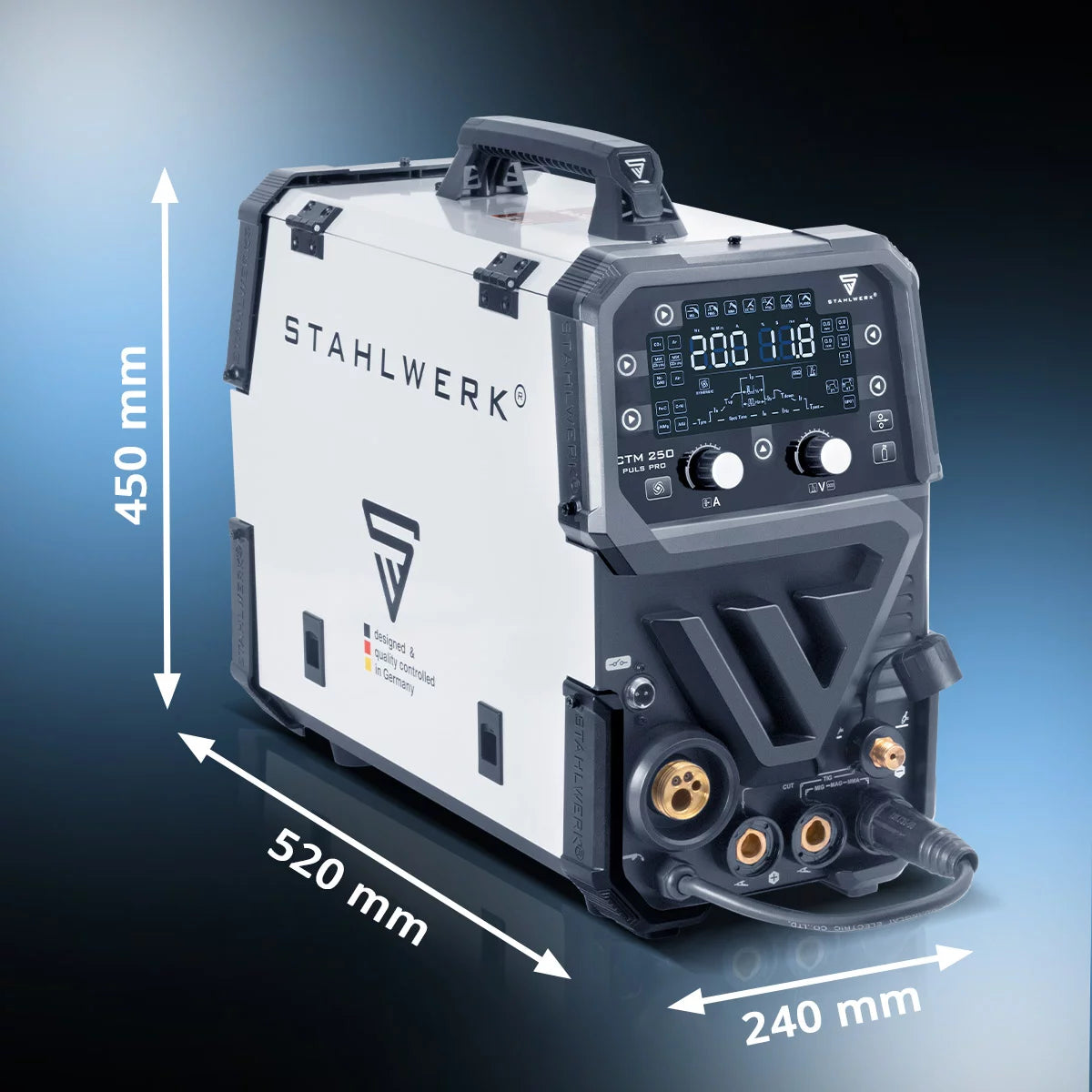 STAHLWERK Kombi-Schweißgerät CTM-250 Puls Pro 6-in-1 Schutzgas-Schweißgerät 200 A | Puls-Funktion | Synergischer Drahtvorschub | Integrierter 45 A Plasmaschneider CUT| WIG | MIG MAG | PULS | MMA| FLUX