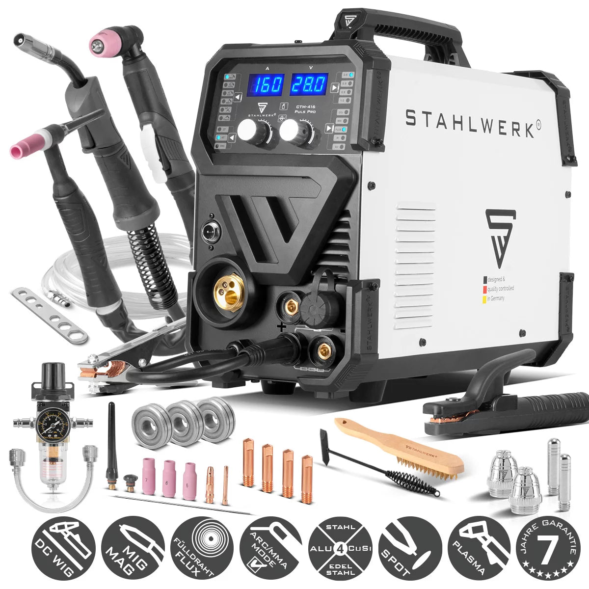 STAHLWERK Schweißgerät CTM-416 Puls Pro 6-in-1 Schutzgas-Schweißgerät | Inverter mit 160 A, Puls-Funktion für Aluminium und 40 A Plasmaschneider CUT | WIG | MIG MAG | PULS | MMA | FLUX