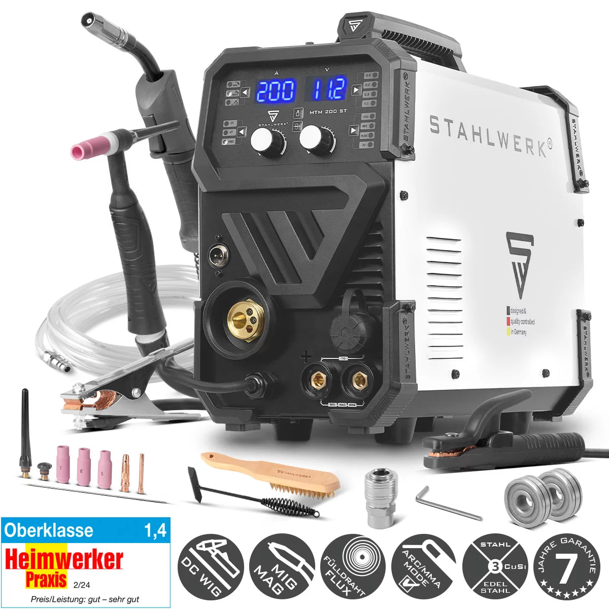 Saldatrice a gas inerte STAHLWERK MTM-200 ST 3 in 1 | Inverter combinato 200 A per saldatura TIG, MIG/MAG, MMA, FLUX, CuSi3 | Accensione HF | Trainafilo sinergico | VRD e Hotstart | Modalità 2 tempi/4 tempi