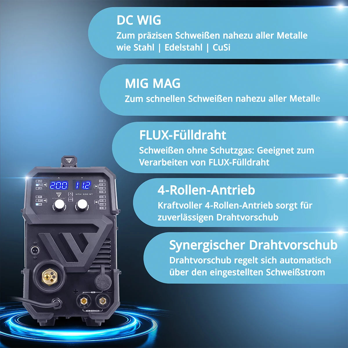 Saldatrice a gas inerte STAHLWERK MTM-200 ST 3 in 1 completamente attrezzata | Inverter combinato 200 A per saldatura TIG, MIG/MAG, MMA, FLUX, CuSi3 | Accensione HF | Trainafilo sinergico | VRD e Hotstart | Modalità 2 tempi/4 tempi