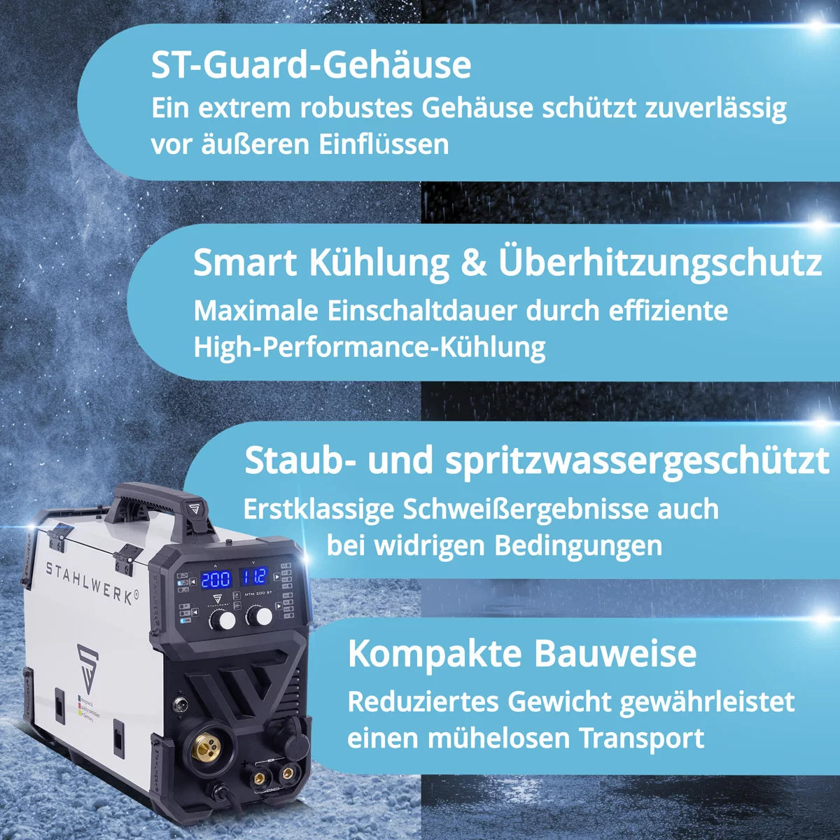Saldatrice a gas inerte STAHLWERK MTM-200 ST 3 in 1 completamente attrezzata | Inverter combinato 200 A per saldatura TIG, MIG/MAG, MMA, FLUX, CuSi3 | Accensione HF | Trainafilo sinergico | VRD e Hotstart | Modalità 2 tempi/4 tempi