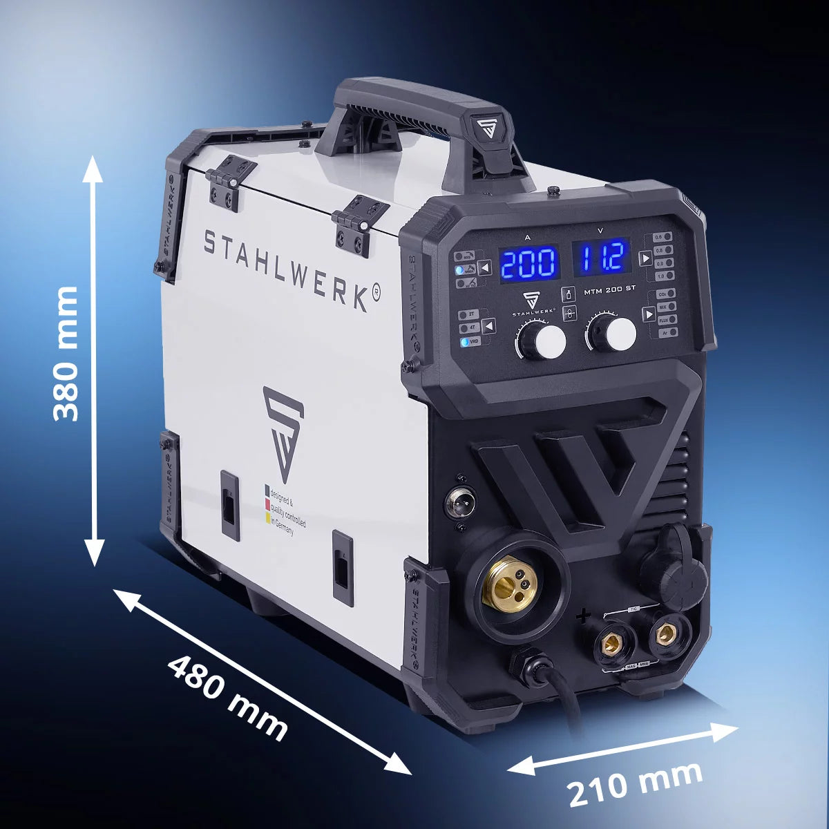 Saldatrice a gas inerte STAHLWERK MTM-200 ST 3 in 1 completamente attrezzata | Inverter combinato 200 A per saldatura TIG, MIG/MAG, MMA, FLUX, CuSi3 | Accensione HF | Trainafilo sinergico | VRD e Hotstart | Modalità 2 tempi/4 tempi