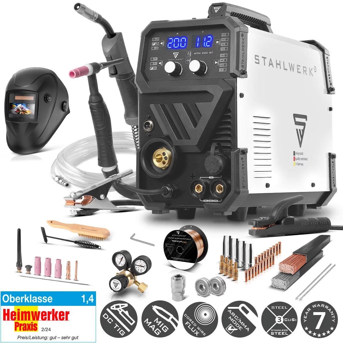 Saldatrice a gas inerte STAHLWERK MTM-200 ST 3 in 1 completamente attrezzata | Inverter combinato 200 A per saldatura TIG, MIG/MAG, MMA, FLUX, CuSi3 | Accensione HF | Trainafilo sinergico | VRD e Hotstart | Modalità 2 tempi/4 tempi