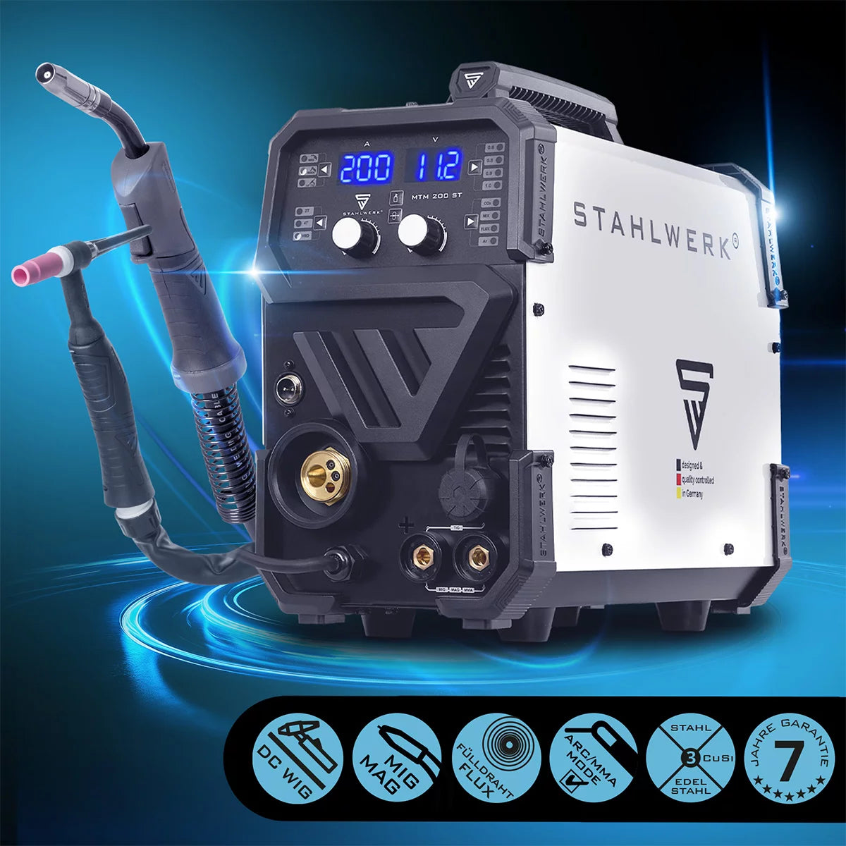 Saldatrice a gas inerte STAHLWERK MTM-200 ST 3 in 1 completamente attrezzata | Inverter combinato 200 A per saldatura TIG, MIG/MAG, MMA, FLUX, CuSi3 | Accensione HF | Trainafilo sinergico | VRD e Hotstart | Modalità 2 tempi/4 tempi