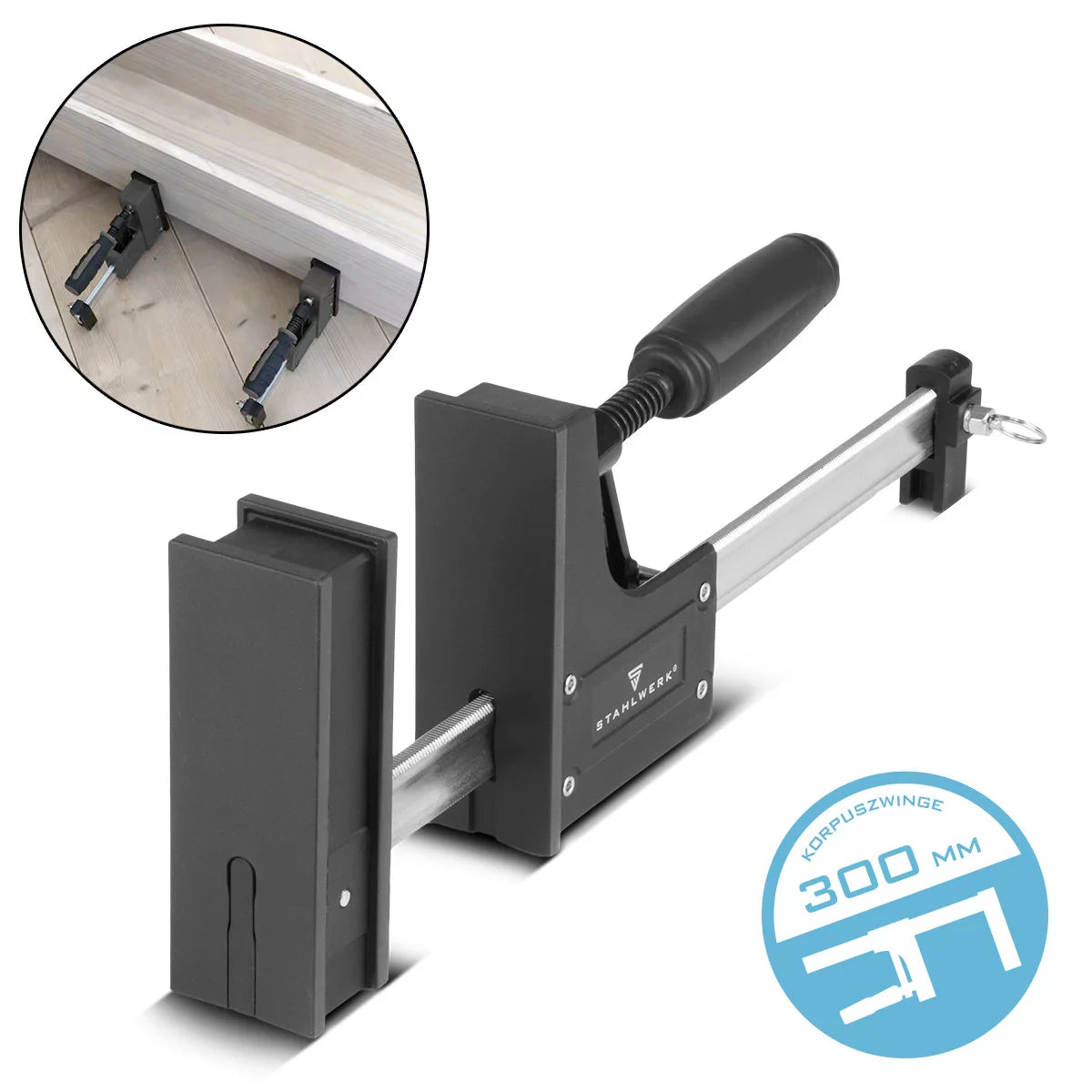 STAHLWERK body clamp 95x300 mm / 12" | powerful screw clamp with 650 kg clamping force | clamp with large contact surface for fixing workpieces | stable clamp with a span of 300 mm, clamping depth of 95 mm