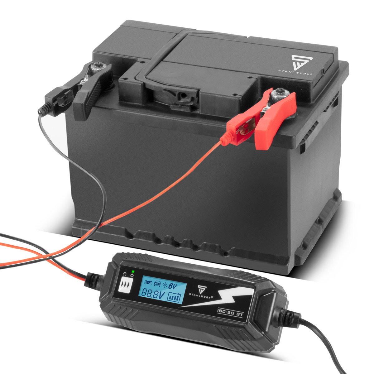 STAHLWERK Batterieladegerät IBC-50 ST mit Mikroprozessor und 4 Lademodi für 6V/12V AGM, VRLA, MF, SLA und GEL-Batterien | Intelligentes Ladegerät für Auto und Motorrad