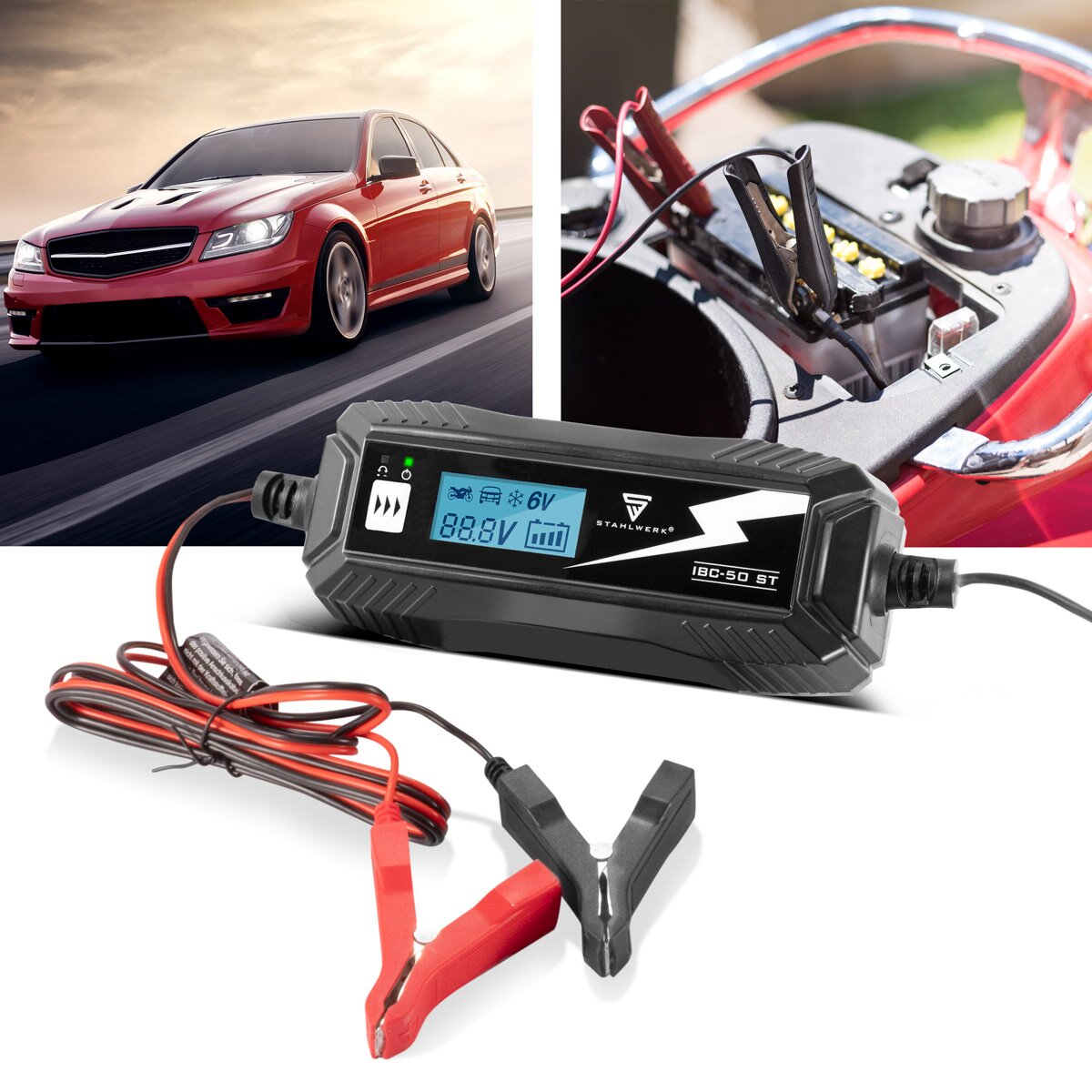 STAHLWERK Batterieladegerät IBC-50 ST mit Mikroprozessor und 4 Lademodi für 6V/12V AGM, VRLA, MF, SLA und GEL-Batterien | Intelligentes Ladegerät für Auto und Motorrad