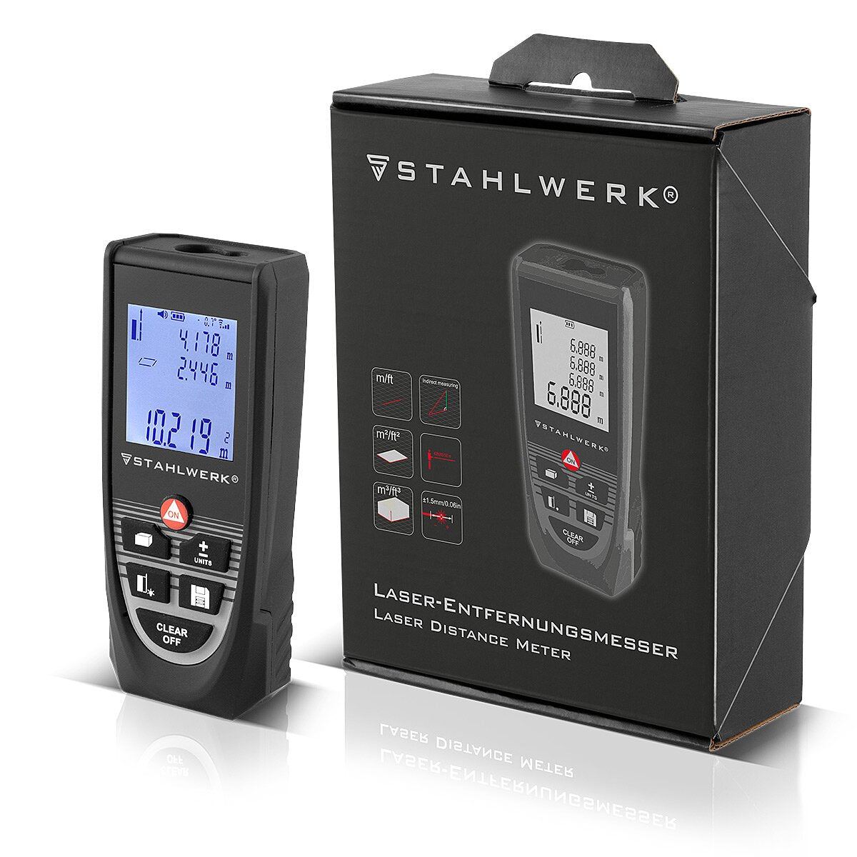 STAHLWERK Laser Entfernungsmesser LE-80 ST bis 80 m Distanzmesser mit beleuchtetem LCD Digital Display, Distanz- und Entfernungsmessgerät zum präzisen Messen von Entfernungen und Rauminhalten auf Baustellen oder in Innenräumen