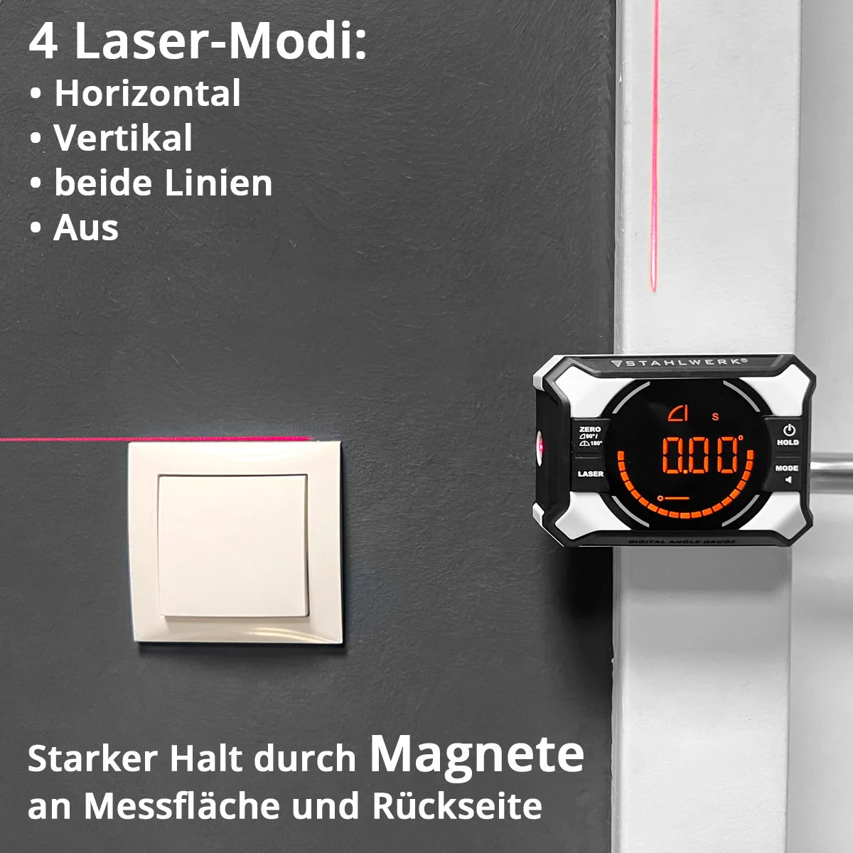 STAHLWERK Digitales Laser-Winkelmessgerät DAG-360 ST | Digitaler Winkelmesser und Wasserwaage mit Kreuzlinien-Laser| Level Box | Nivellieranzeige | Magnetbefestigung | Li-Ion Akku | USB-C Ladeport