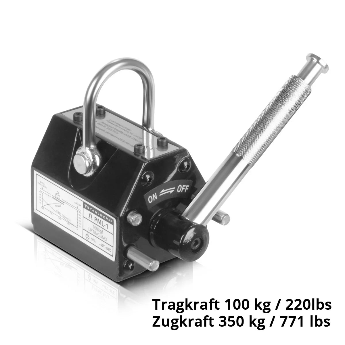 Magnete di sollevamento STAHLWERK con portata di 100 kg / 220 lbs e forza di trazione di 350 kg / 771 lbs magnete per gru comandato manualmente | Sollevatore magnetico | magnete di sollevamento