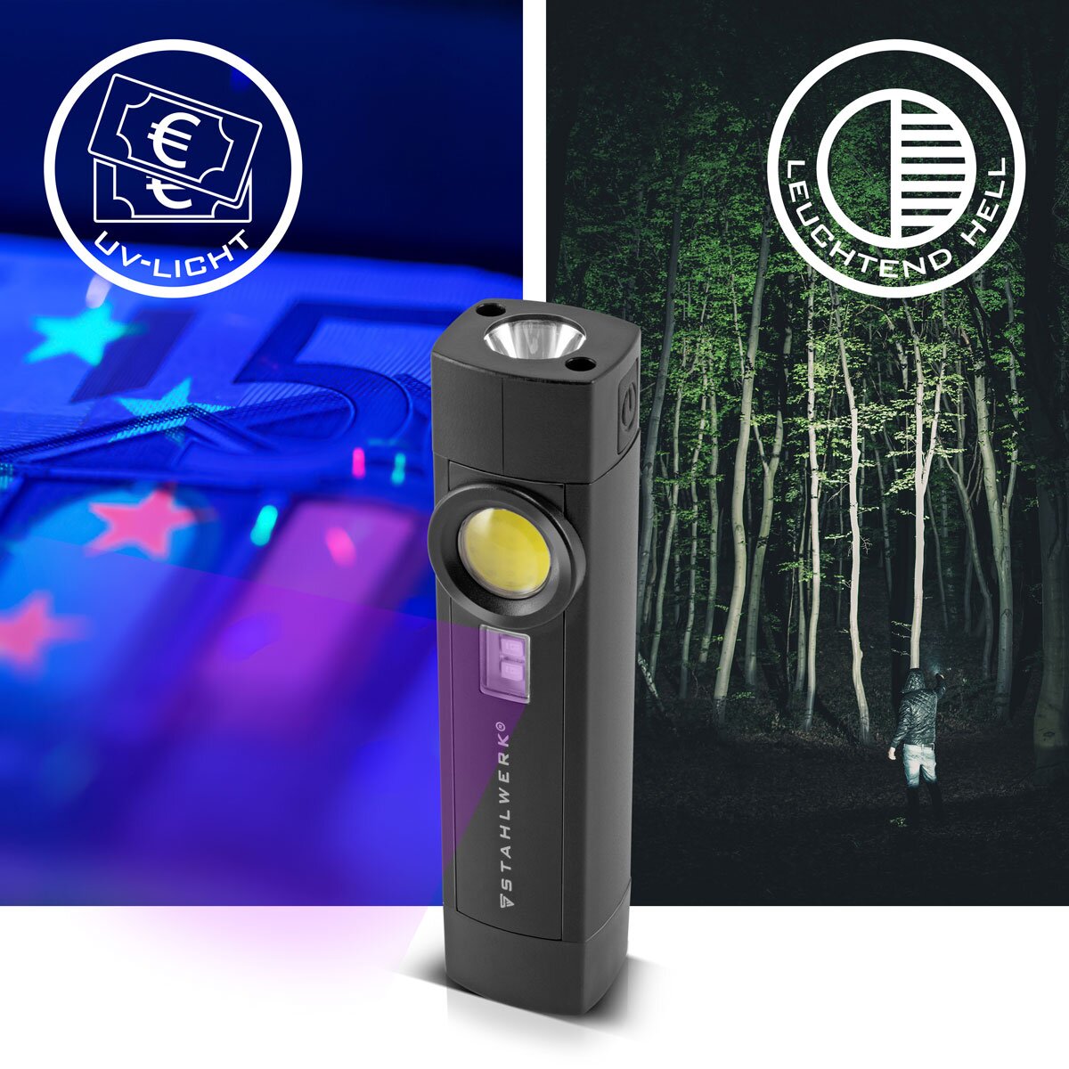 STAHLWERK LED work light AL-3 ST Powerful 5 watt flashlight / workshop lamp with 4 light modes including UV light, integrated battery, magnet and USB port
