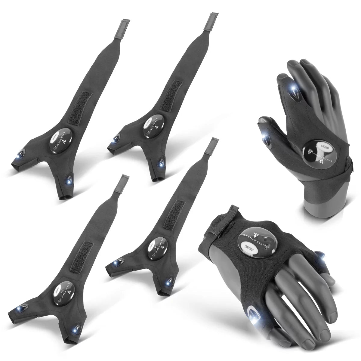 STAHLWERK LED-Handschuhe 2er Set | Helles Licht und freie Hände bei Reparaturen oder Montagearbeiten | Arbeitshandschuhe mit Licht | Universell einsetzbar | Einheitsgröße I Ideal für Mechaniker und Handwerker