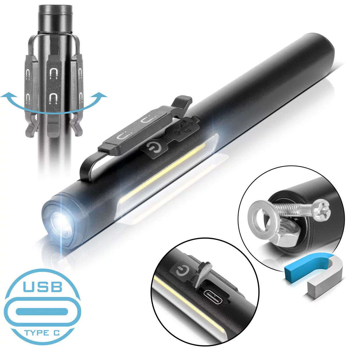 STAHLWERK LED-Arbeitsleuchte | Leistungsstarke Stablampe mit COB-Flashlight | Werkstattlampe mit Magnethalterung | USB-C Anschluss | 600 mAh Akku | Schnell aufladbar | Universell einsetzbare LED-Lampe