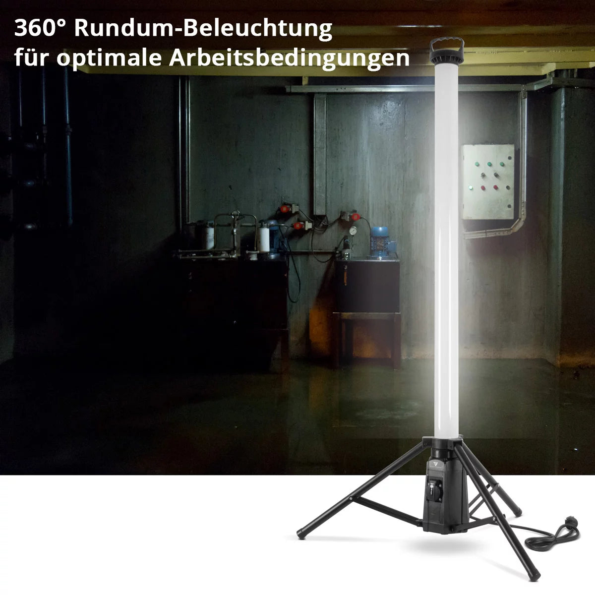STAHLWERK 360° LED-Turm-Baustrahler TBS-100 ST | 100 Watt | 7.500 Lumen | 5.000 K Tageslichtfarbe | IP44 | Zusatzsteckdose 230 V | Robuste LED-Arbeitsleuchte