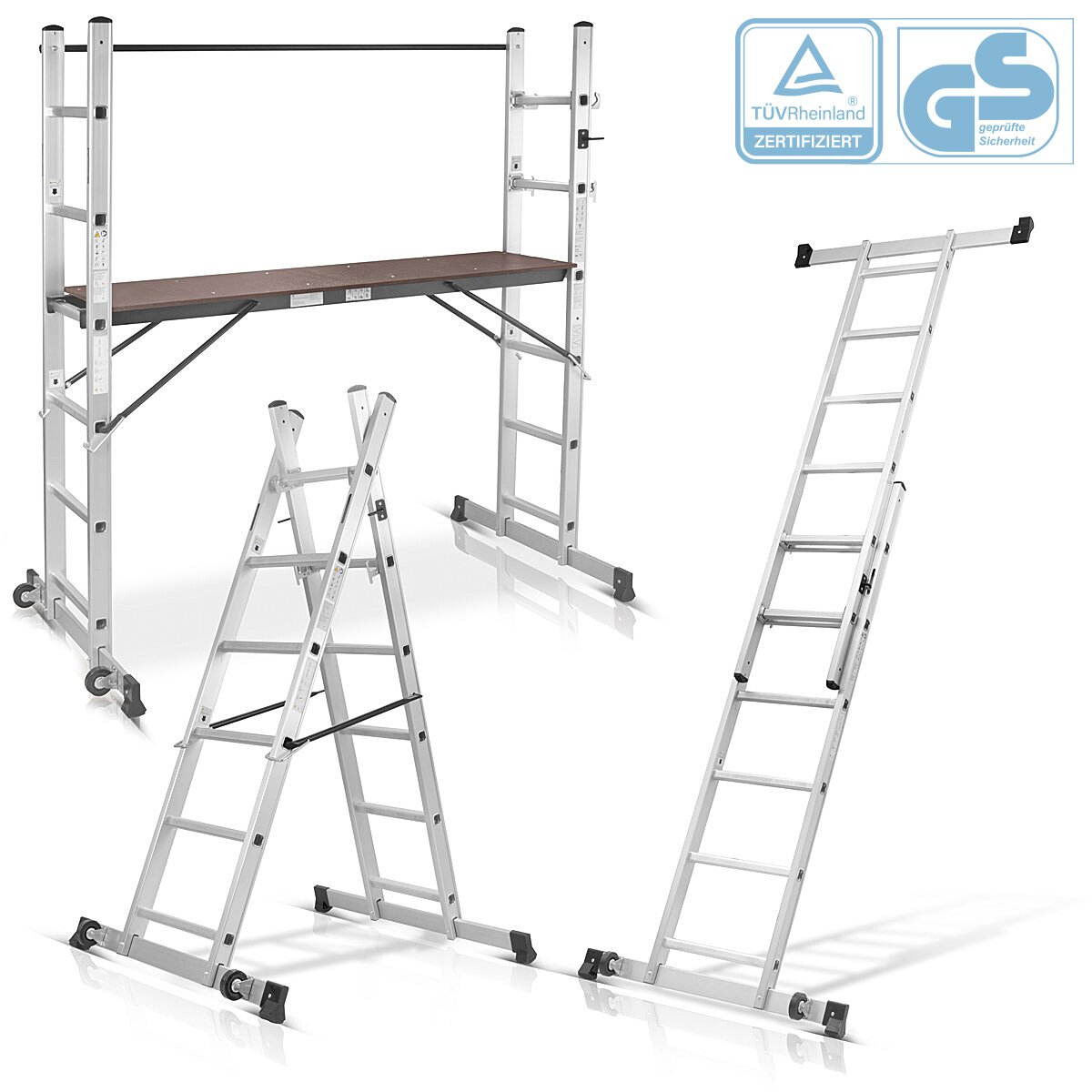 STAHLWERK Leitergerüst LG-270 ST 150 kg Tragkraft, 3 in 1 Mehrzweckleiter / Aluminium Klappleiter / Arbeitsgerüst / Arbeitsplattform / Gerüst mit rutschfesten Sprossen inklusive 7 Jahre Hersteller-Garantie
