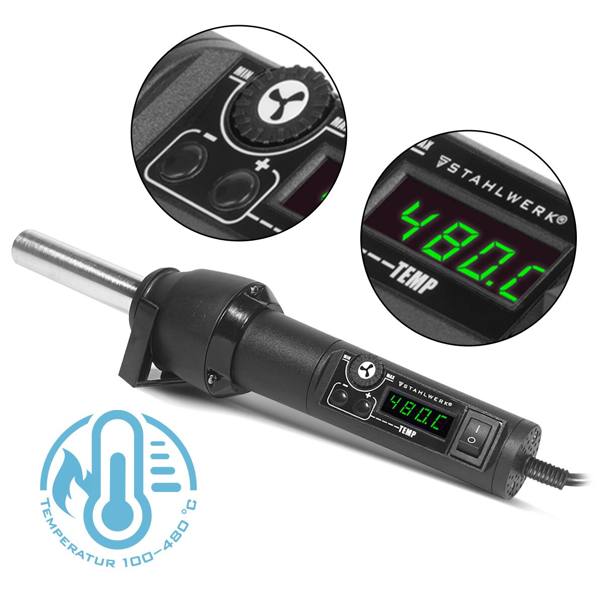 Soplador de aire caliente para estación de soldadura STAHLWERK HLG-480 ST con 700 W y dispositivo de soldadura de 100 - 480°C | Soldador | Pistola de soldar | Pistola de aire caliente para trabajos de aire caliente, soldadura, retrabajo y desoldadura.