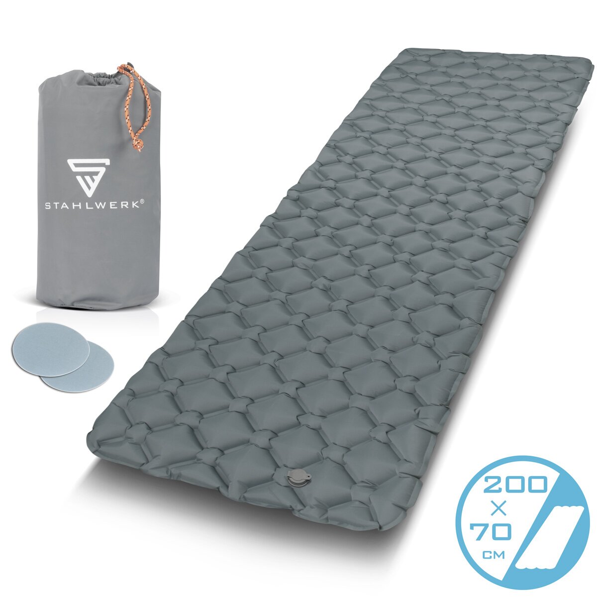 Matelas pneumatique STAHLWERK LM-70 ST Lit pneumatique gonflable 200 x 70 cm | Matelas de camping | tapis de couchage | Tapis de couchage | Matelas de voyage avec sac de transport pour le camping et l'extérieur