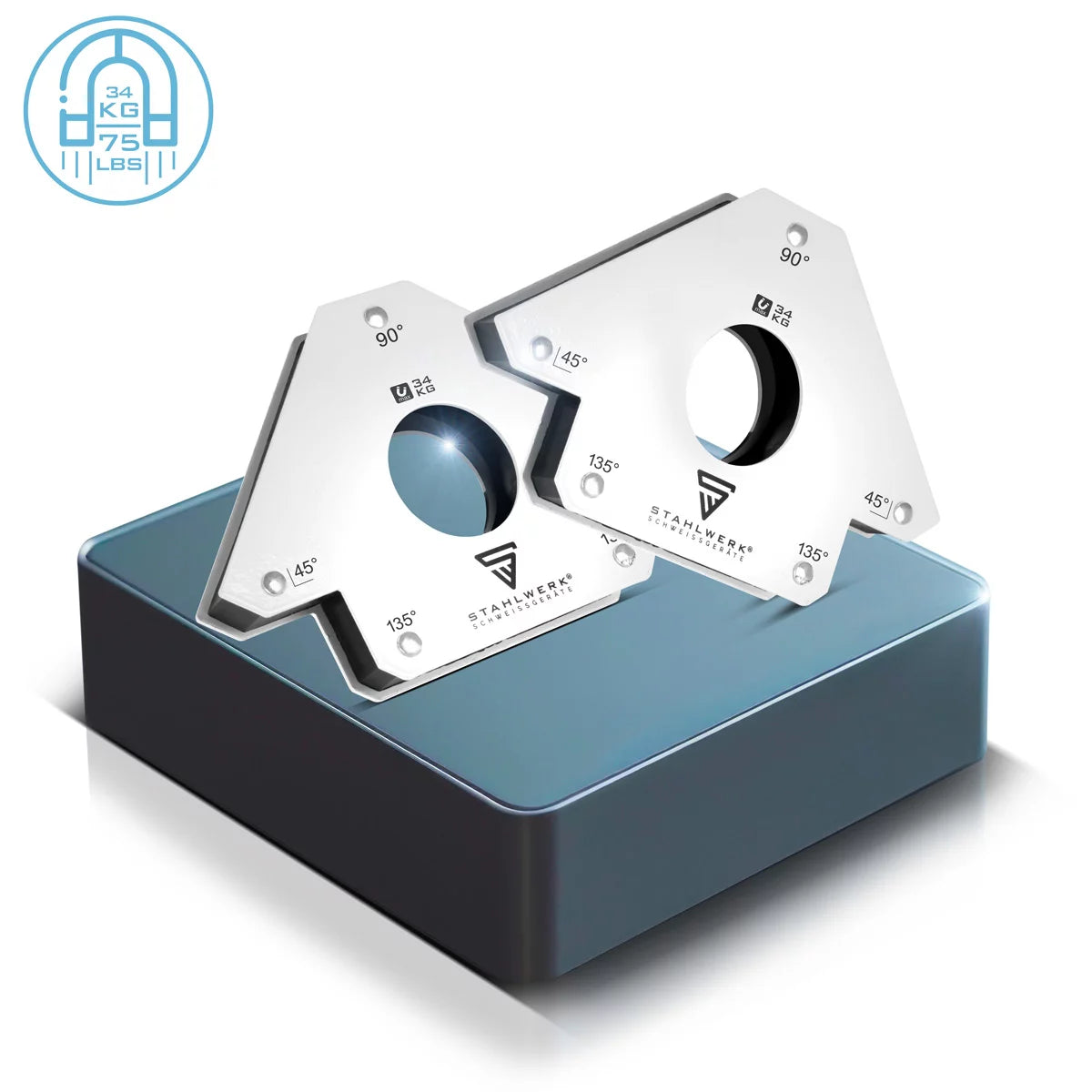 STAHLWERK 2 × Magnet-Schweißwinkel Magnetwinkel Schweißmagnet 45° x 90° x 135°, 34 kg / 75 lbs