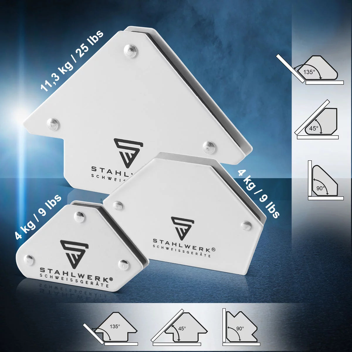 STAHLWERK 6 × Magnet-Schweißwinkel Magnetwinkel Schweißmagnet 30° x 45° x 60° x 75° x 90° x 135°, 2 x 4 kg / 9 lbs + 4 x 11,3 kg / 25 lbs