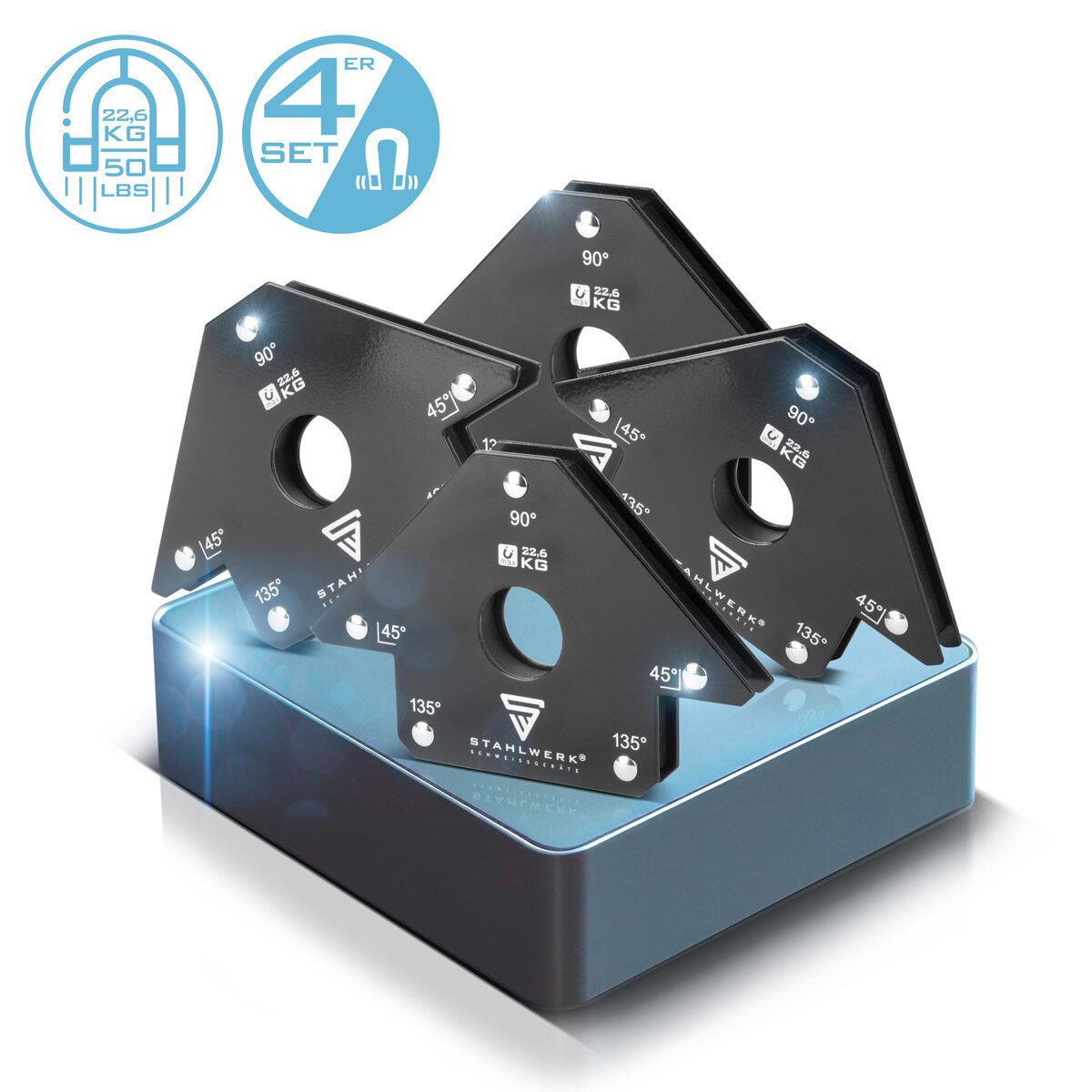 STAHLWERK 4er Set Magnet-Schweißwinkel 22,6 kg | 50 lbs praktischer Schweißmagnet | Magnetwinkel | Schweißpositionierer mit starker Haftkraft