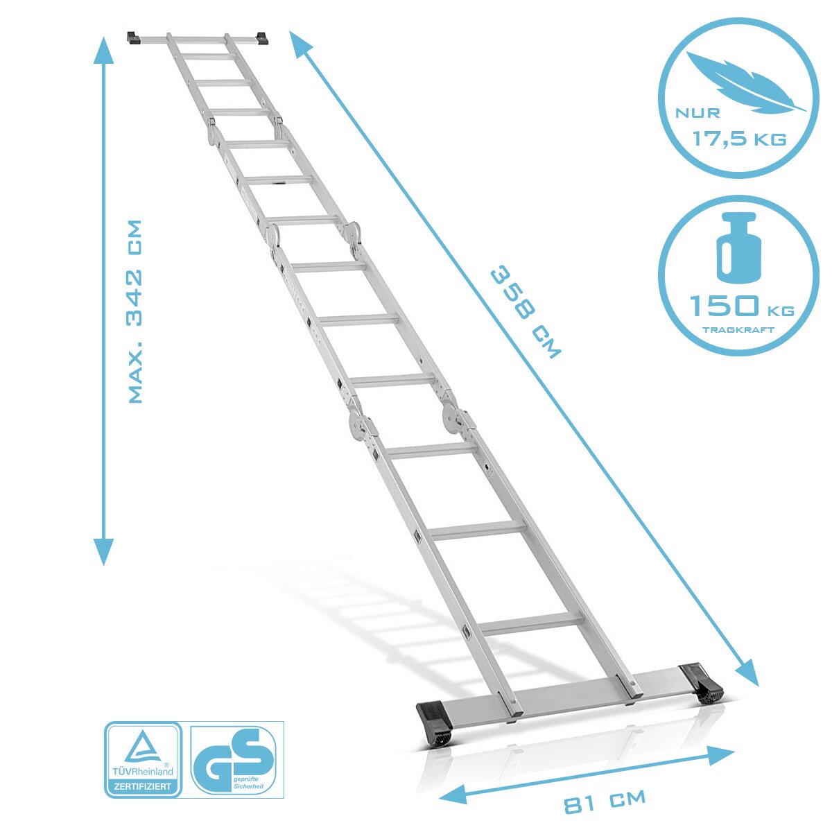 STAHLWERK multi-purpose ladder ML-356 ST 150 kg load capacity, 3 in 1 ladder scaffolding / aluminum folding ladder / work scaffolding / work platform / scaffolding with non-slip rungs including 7 year manufacturer's guarantee