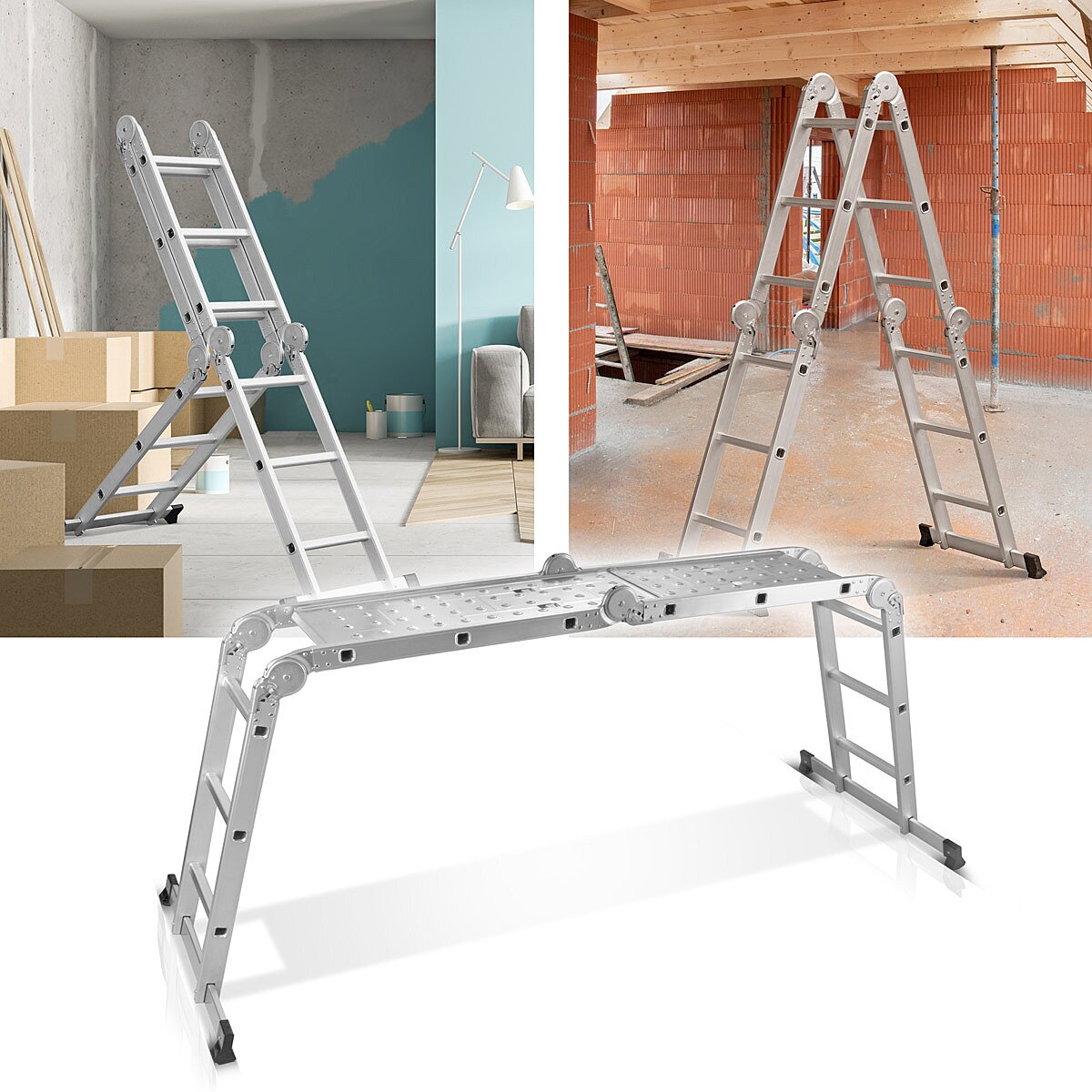 STAHLWERK multi-purpose ladder ML-356 ST 150 kg load capacity, 3 in 1 ladder scaffolding / aluminum folding ladder / work scaffolding / work platform / scaffolding with non-slip rungs including 7 year manufacturer's guarantee