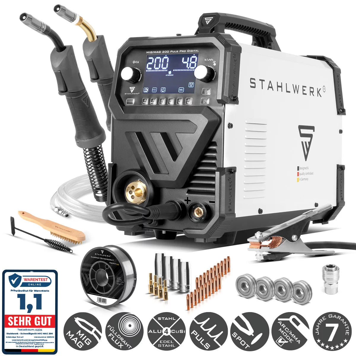 STAHLWERK MIG MAG 200 Spot Puls Pro Kit numérique en aluminium | Machine à souder au gaz inerte | Onduleur IGBT 200 A | Dévidoir synergique | Entraînement à 4 rouleaux, FLUX, Lift-TIG, MMA, CuSi, MIG-Pulse pour l'aluminium