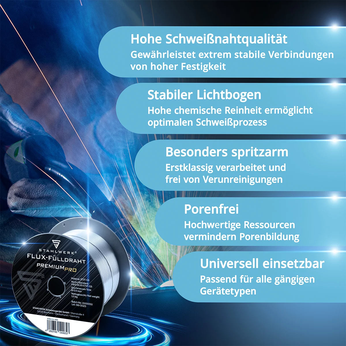 STAHLWERK MIG MAG Premium Schweißdraht - Fülldraht E71T-GS Ø 0,9 mm S100/ D100 Drahtrolle mit 0,9 kg / Flux-Fülldraht