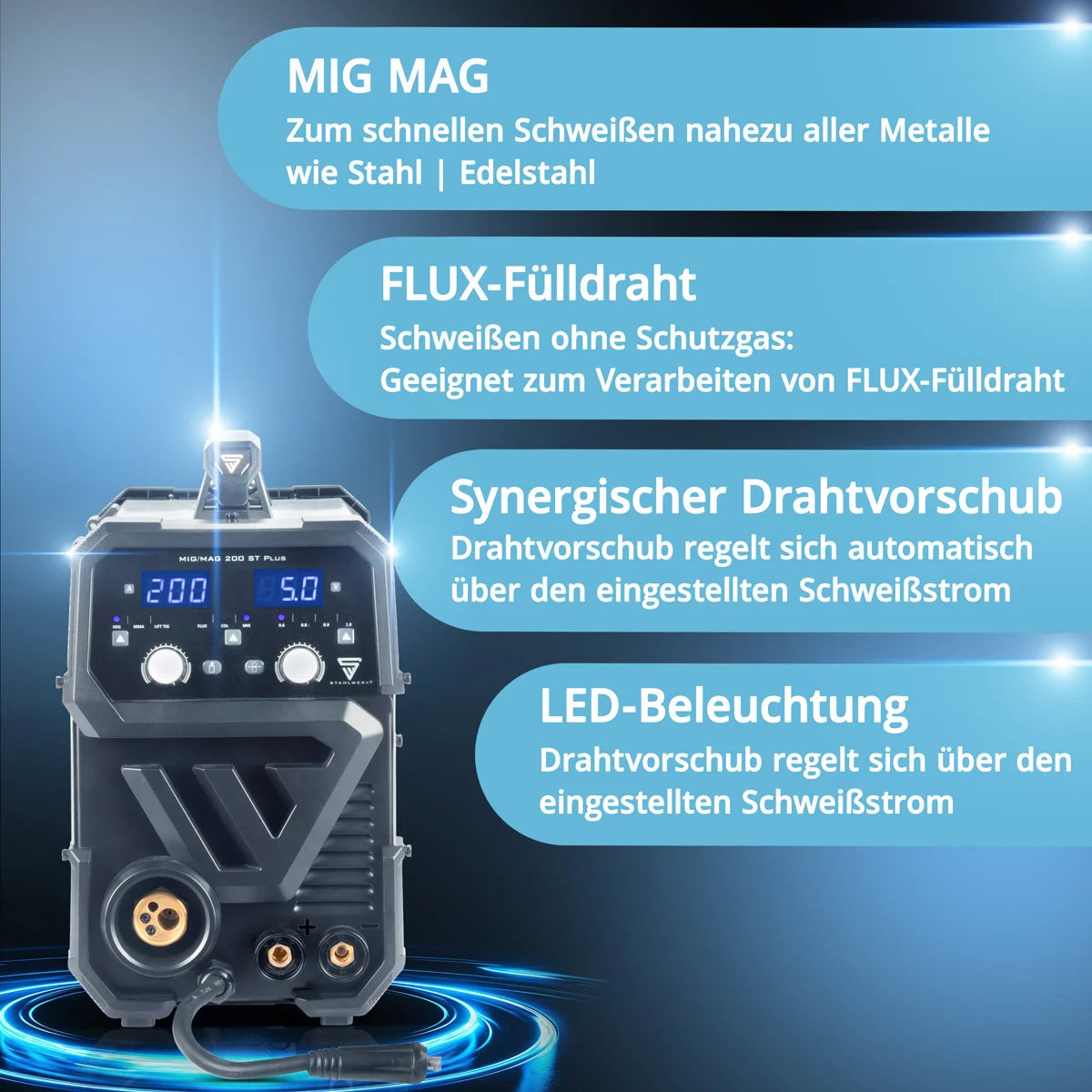 STAHLWERK welding machine MIG MAG 200 ST PLUS full equipment inert gas welding machine | IGBT inverter with 200 A, synergic wire feed, FLUX, Lift-TIG and MMA | ARC function
