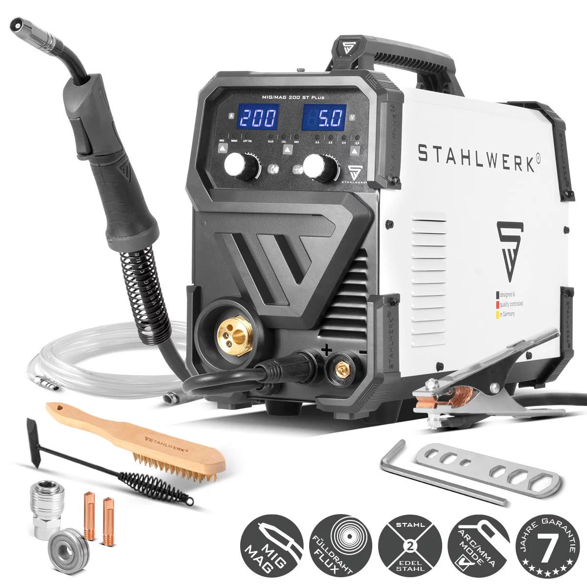 Saldatrice STAHLWERK MIG MAG 200 ST PLUS saldatrice a gas inerte | Inverter IGBT da 200 A, trainafilo sinergico, FLUX, Lift-TIG e MMA | Funzione ARCO