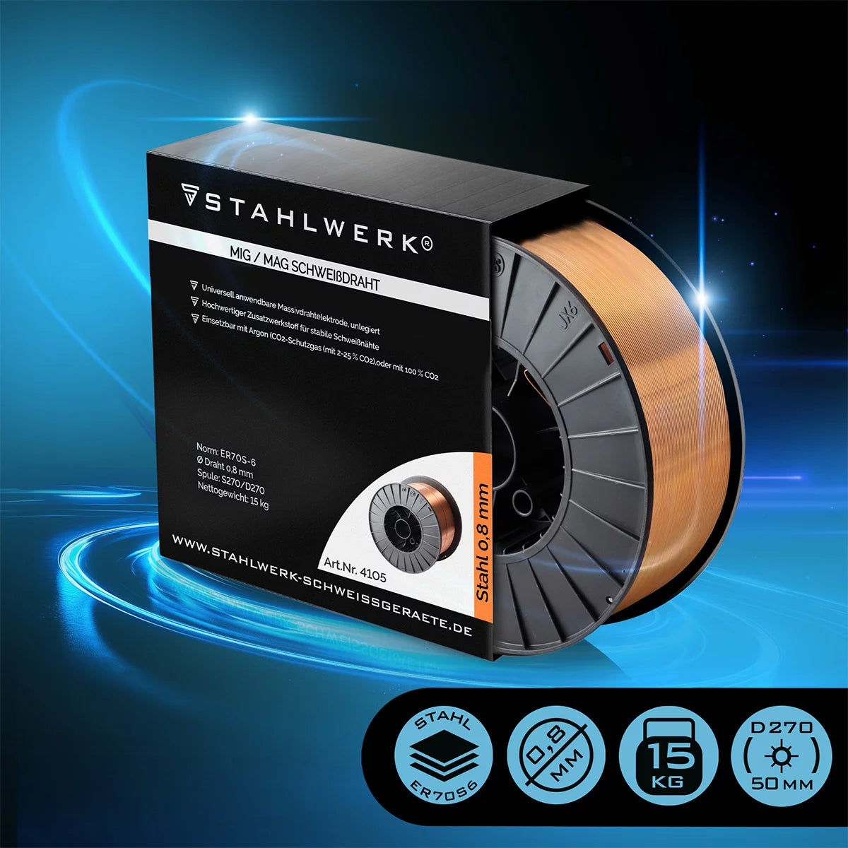 STAHLWERK MIG MAG Premium welding wire / wire roll ER70S-6 SG2 0.8 mm S270/D270 15 kg for welding work with inert gas