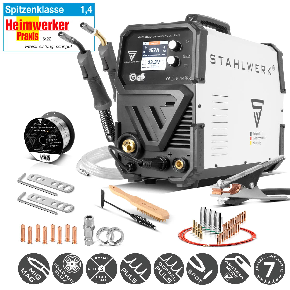 Poste à souder entièrement synergique STAHLWERK MIG MAG 200 double pulse Pro avec torche de soudage en aluminium AK25/MB25 et jeu de pièces d'usure pour le soudage de l'aluminium