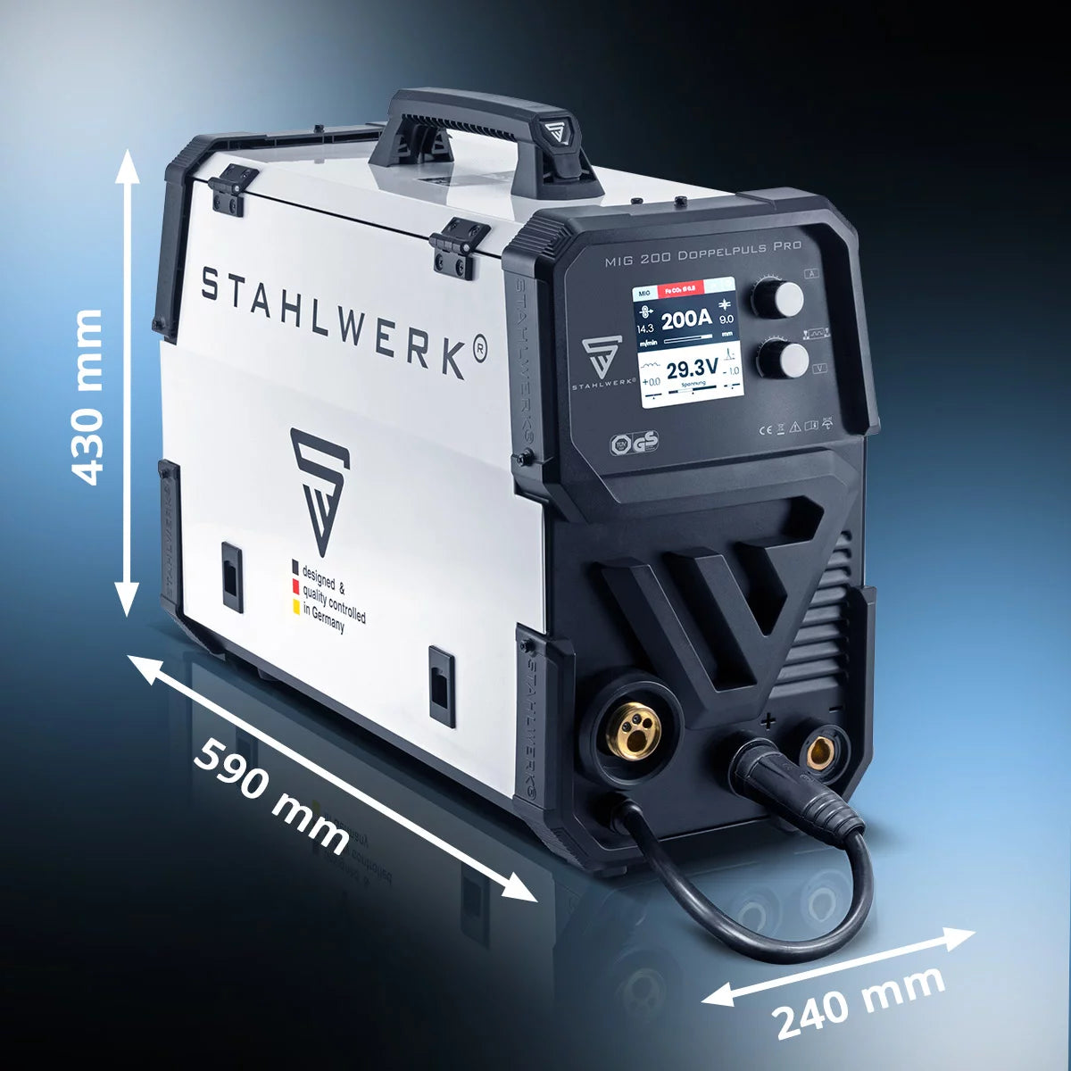Poste à souder entièrement synergique STAHLWERK MIG MAG 200 double pulse Pro avec torche de soudage en aluminium AK25/MB25 et jeu de pièces d'usure pour le soudage de l'aluminium