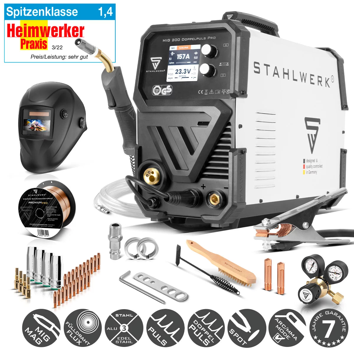 STAHLWERK MIG MAG 200 Doppelpuls Pro Machine à souder entièrement synergique entièrement équipée avec torche de soudage AK25 et jeu de pièces d'usure AK25