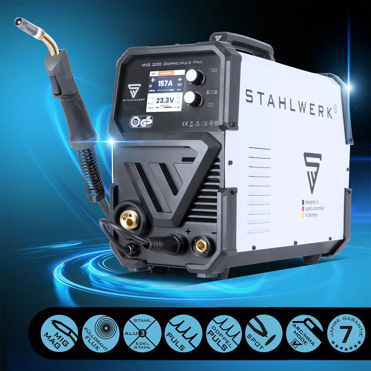 STAHLWERK MIG MAG 200 Doppelpuls Pro Machine à souder entièrement synergique entièrement équipée avec torche de soudage AK25 et jeu de pièces d'usure AK25