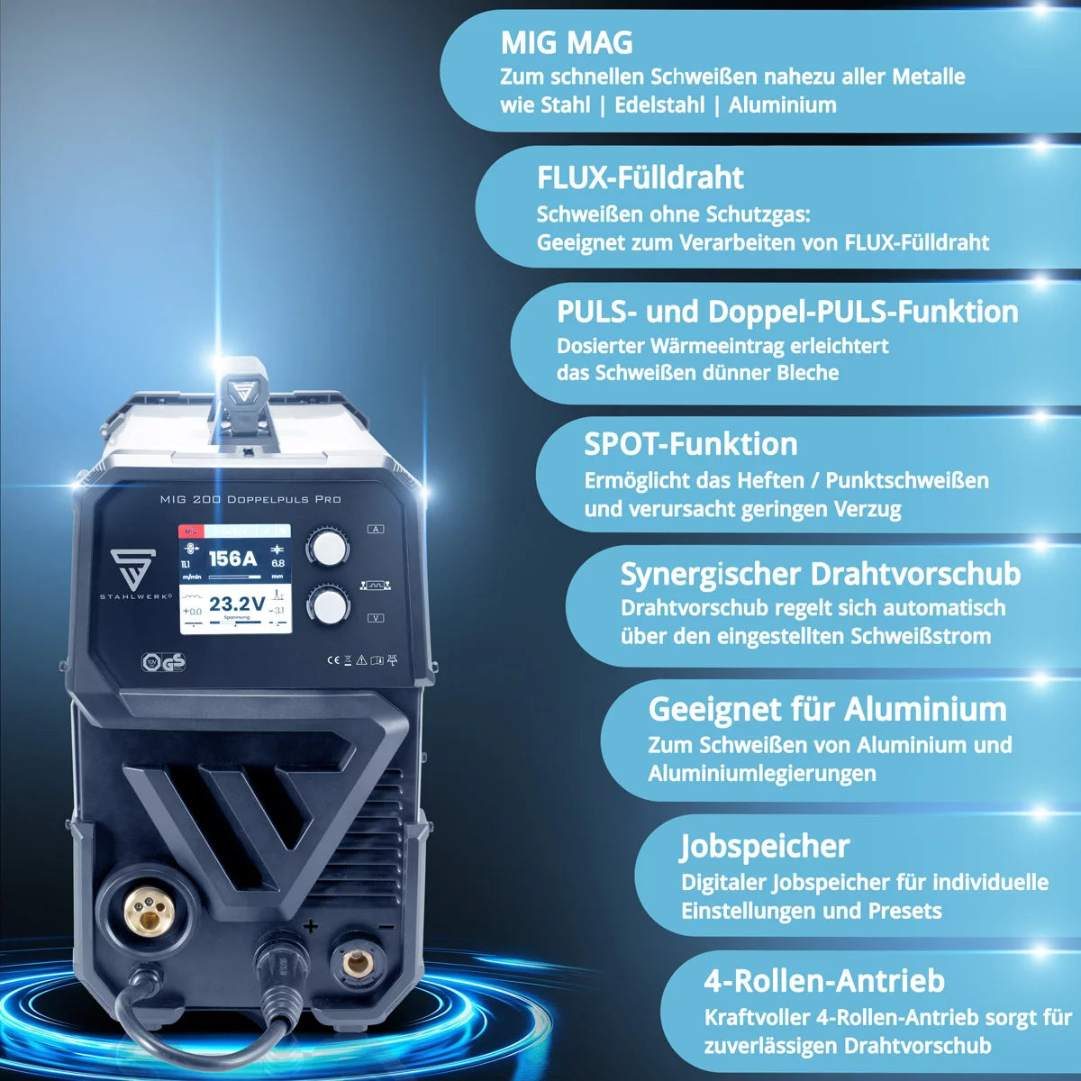 STAHLWERK MIG MAG 200 Doppelpuls Pro vollsynergisches Schweißgerät mit 200 Ampere und AK25/MB25 Schweißbrenner, Stahl, Edelstahl, Aluminium, Fülldraht