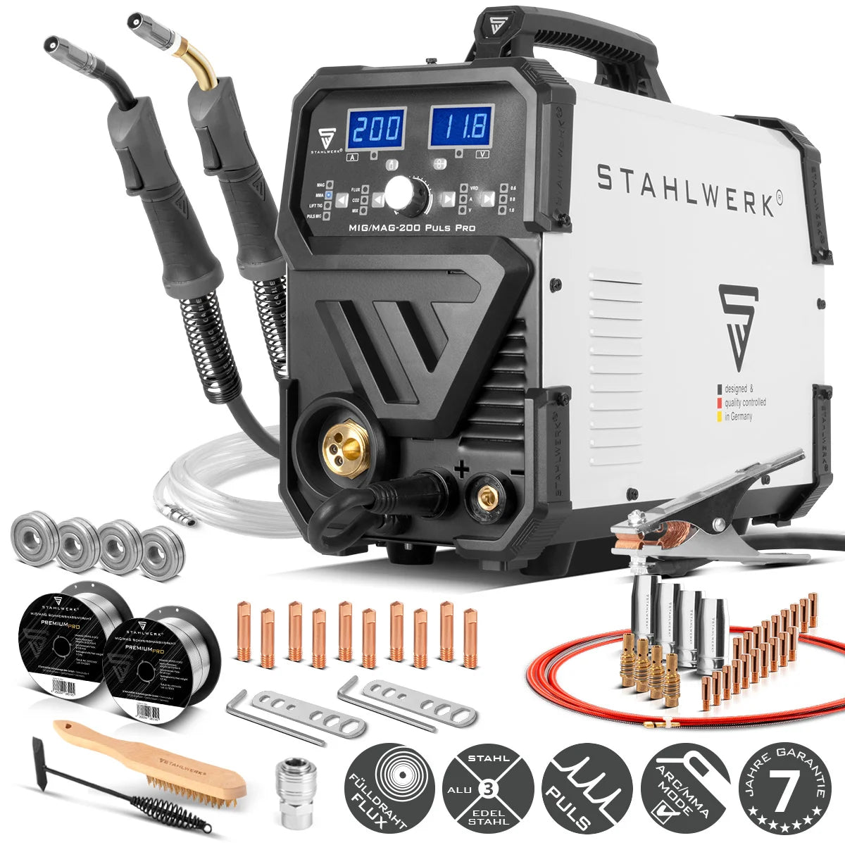 Máquina de soldar con gas protector STAHLWERK MIG MAG 200 Puls Pro Equipo combinado 5 en 1 totalmente sinérgico con 200 amperios reales, incluye soplete para soldar aluminio AK25/MB25 y juego de piezas de desgaste para soldar aluminio