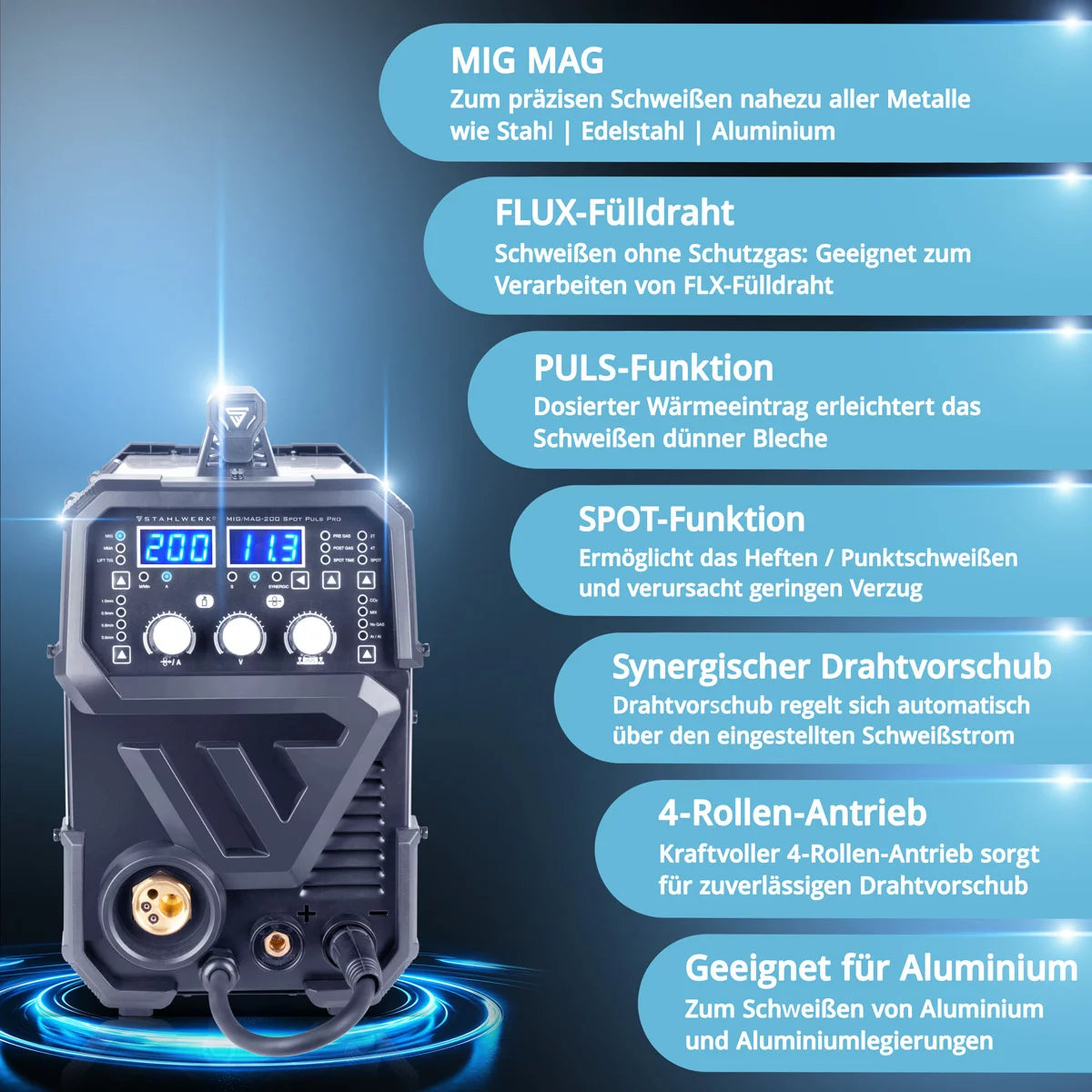 STAHLWERK Schweißgerät MIG MAG 200 Spot Puls Pro, Vollsynergischer IGBT Inverter, 5 in 1 Kombigerät mit Spotfunktion und 200 Ampere, Alu | Fülldraht | MIG MAG | ARC MMA | Lift TIG | Puls