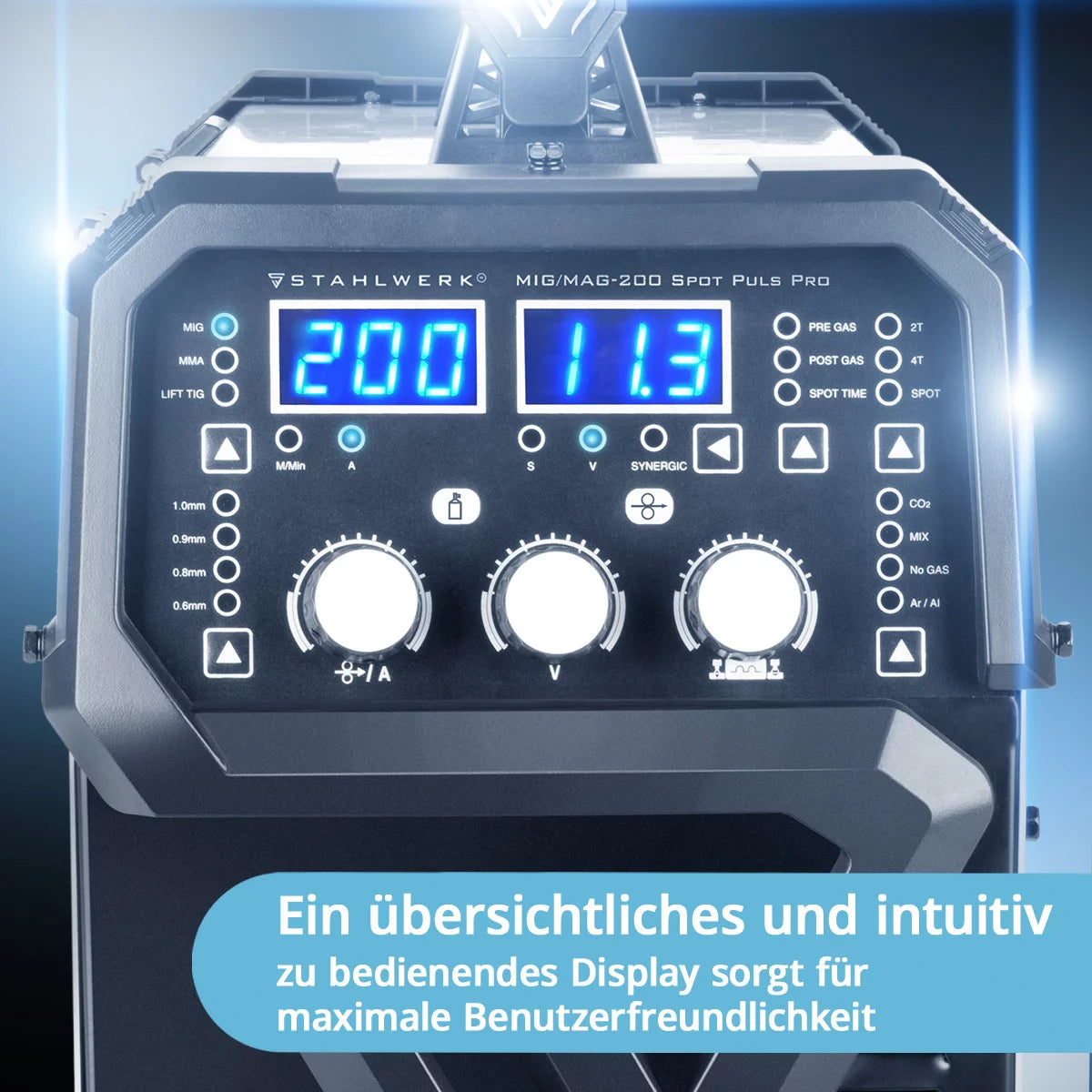 STAHLWERK Schweißgerät MIG MAG 200 Spot Puls Pro, Vollsynergischer IGBT Inverter, 5 in 1 Kombigerät mit Spotfunktion und 200 Ampere, Alu | Fülldraht | MIG MAG | ARC MMA | Lift TIG | Puls