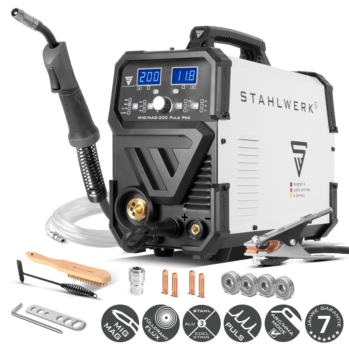 Máquina de soldar con gas protector STAHLWERK MIG MAG 200 Puls Pro Dispositivo combinado 5 en 1 totalmente sinérgico con 200 A reales y accionamiento de 4 rodillos, hilo tubular, MIG MAG, ARC MMA, Lift TIG, MIG Pulse para soldadura de aluminio