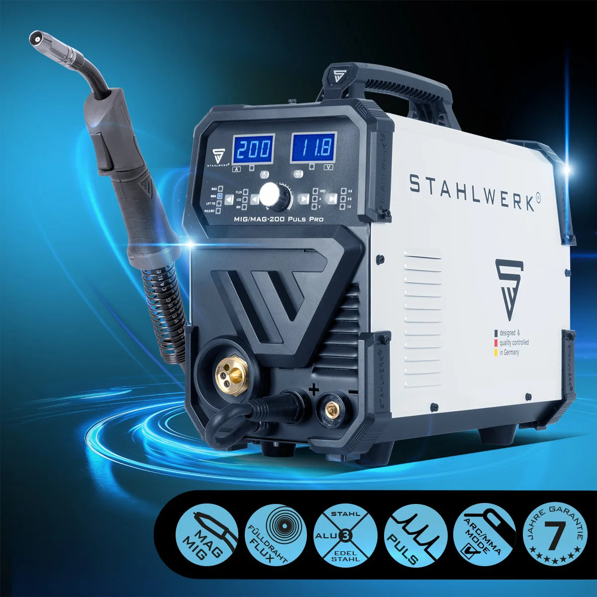 Máquina de soldar con gas protector STAHLWERK MIG MAG 200 Puls Pro Dispositivo combinado 5 en 1 totalmente sinérgico con 200 A reales y accionamiento de 4 rodillos, hilo tubular, MIG MAG, ARC MMA, Lift TIG, MIG Pulse para soldadura de aluminio