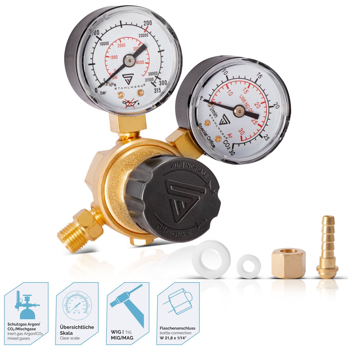 Réducteur de pression STAHLWERK ST-215 selon la norme DIN EN ISO 2503 régulateur de pression jusqu'à 200 bar en laiton de haute qualité pour argon | CO2 | Mélanger 18 | Gaz mixte | Gaz protecteur pour postes à souder TIG et MIG MAG